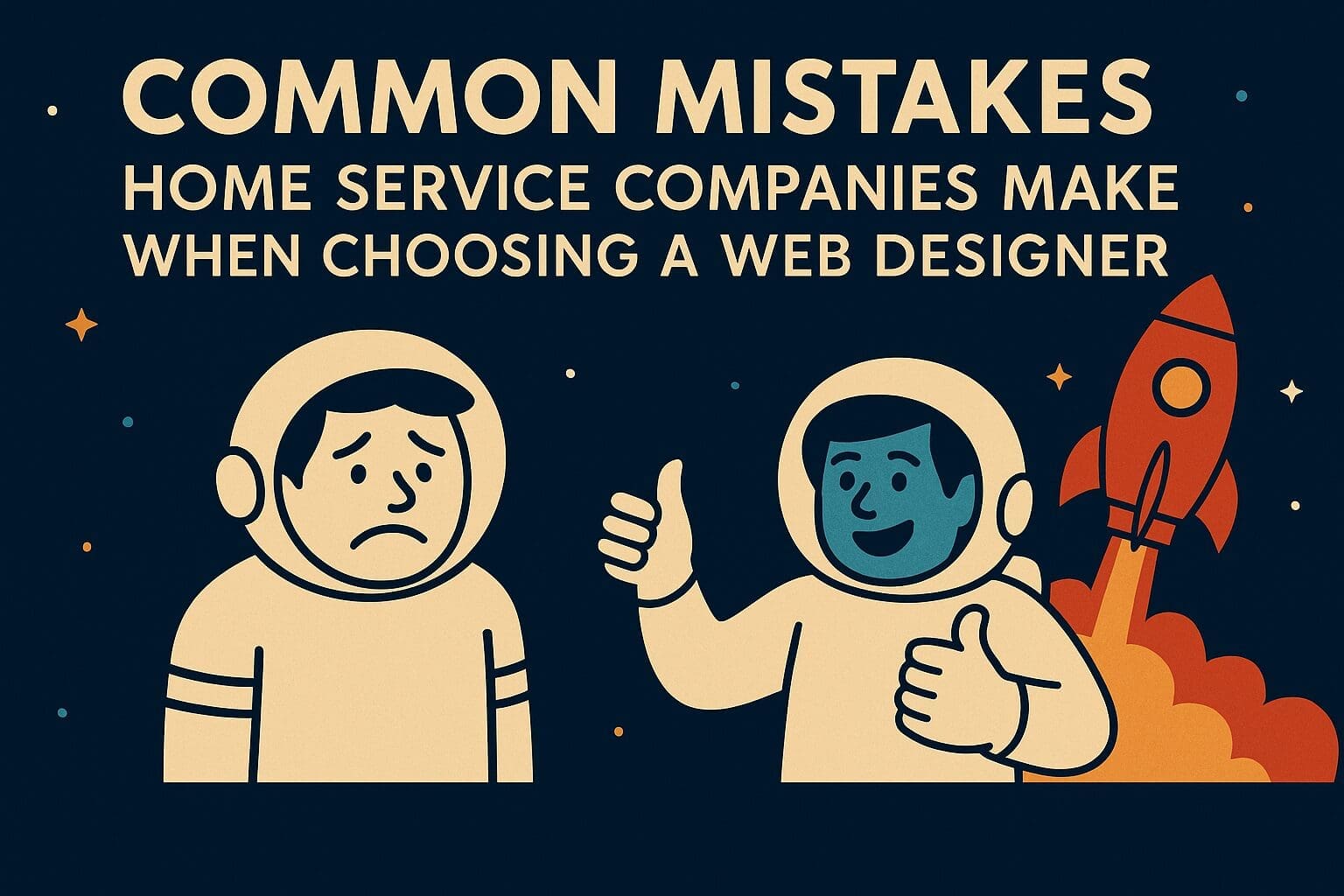 Cartoon astronauts showing website mistakes and wins for range home services companies choosing a web designer, with a rocket launch theme.