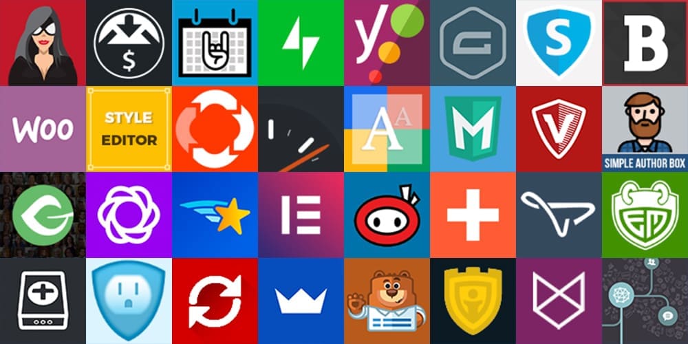 Different WordPress plugin icons arranged in a grid.